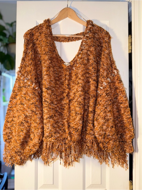 POL Sweaters - POL Orange Fuzzy Fringe Sweater Oversized V Neck Balloon Sleeve Boho M